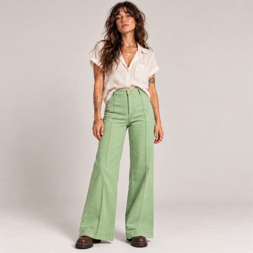 Big Bud Press Western Pants L Sage Green High Rise Flare Pintuck 70s Made in USA